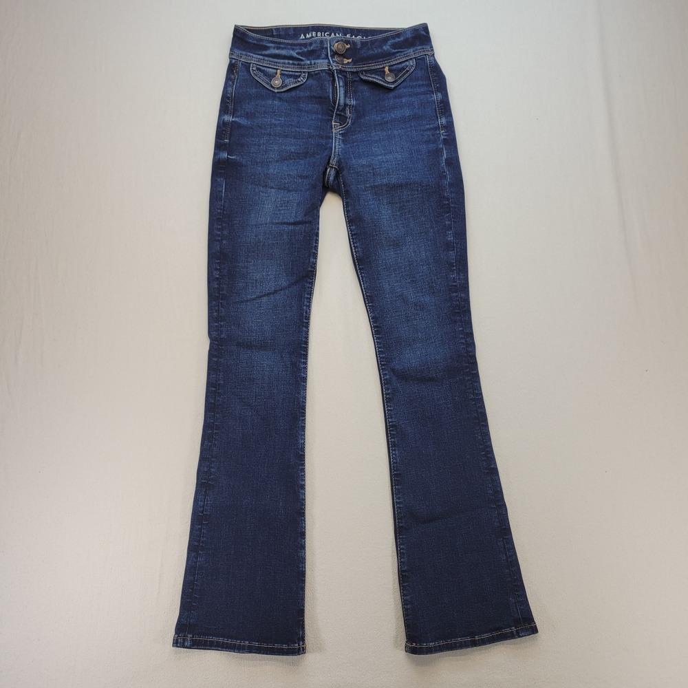 American Eagle Kick Boot Jeans Women 000 Short Blue Dark Wash Next Level Stretch